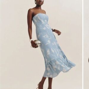Reformation Arta Strapless Blue and White Dress